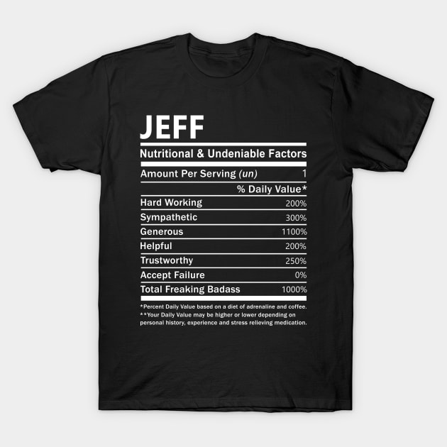 Jeff Name T Shirt - Jeff Nutritional and Undeniable Name Factors Gift Item Tee T-Shirt by nikitak4um